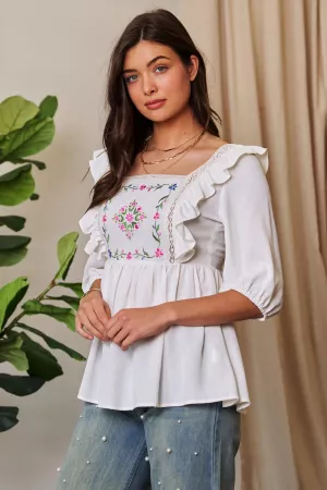 wholesale clothing texture tie back floral embroidery frill blouse davi & dani