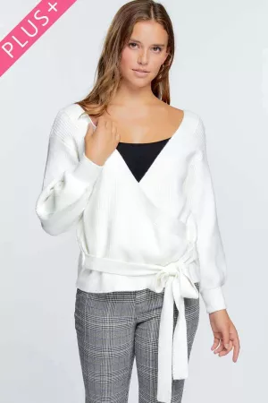 wholesale clothing plus solid v neck waist tie long sleeve sweater davi & dani