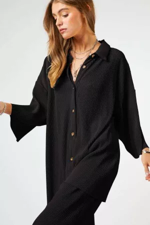 wholesale clothing crinkled pleating fabric button up loose fit shirt davi & dani