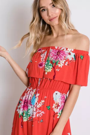 wholesale clothing floral ruffle overlay off-shoulder maxi dress davi & dani