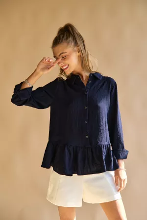 wholesale clothing solid ruffle hem button down bell shirt davi & dani