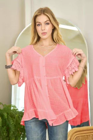 wholesale clothing solid button down v neck ruffle top davi & dani