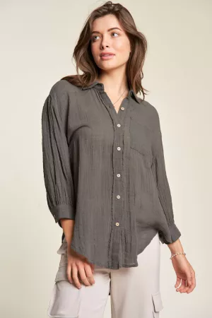 wholesale clothing solid chest pocket button down loose fit shirt top davi & dani