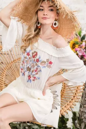 wholesale clothing floral embroidered cutout off-shoulder rompers davi & dani