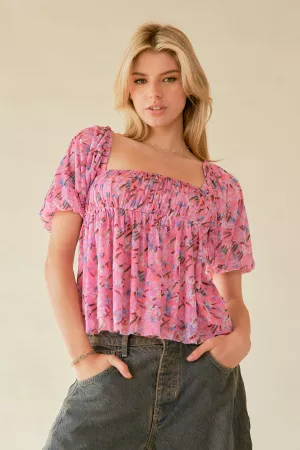 wholesale clothing floral printed puff double layered mesh top blouse davi & dani