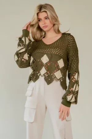 wholesale clothing crochet v neck long sleeve knit sweater top davi & dani