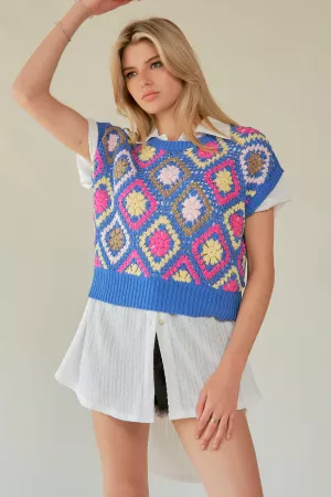 wholesale clothing flower crochet sleeveless round neck knit top davi & dani