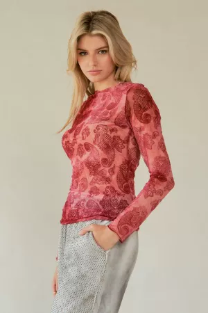 wholesale clothing mesh patern printed long sleeve layering top davi & dani