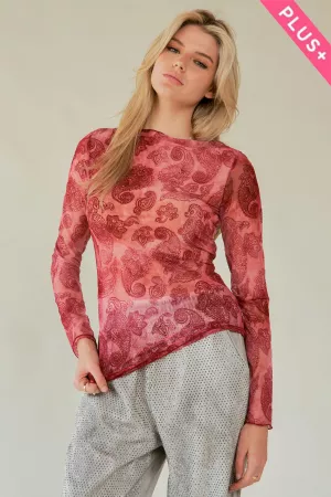 wholesale clothing plus mesh patern printed long sleeve layering top davi & dani