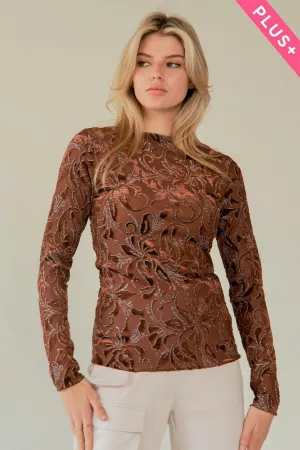 wholesale clothing plus mesh patern printed long sleeve layering top davi & dani