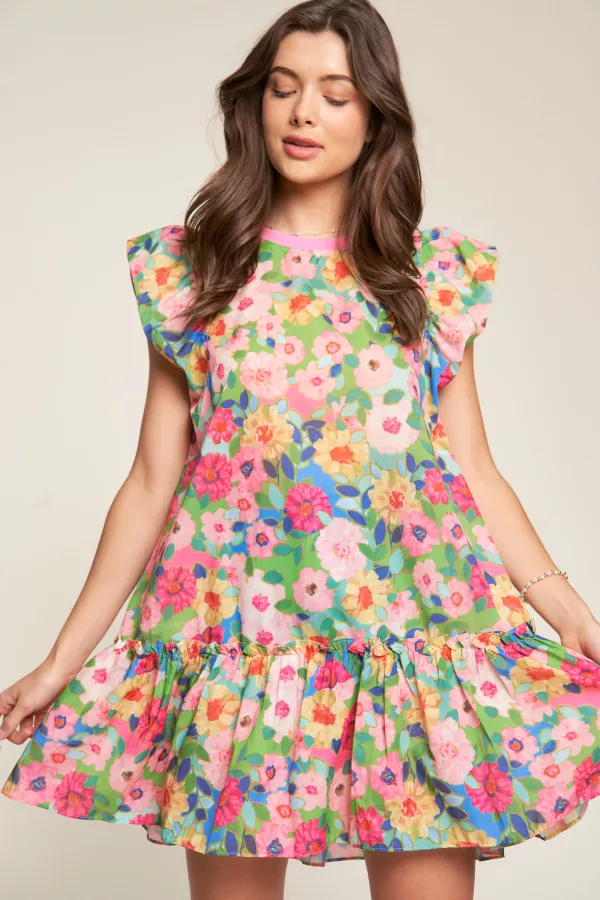 wholesale clothing floral printed short sleeve button front dress davi & dani