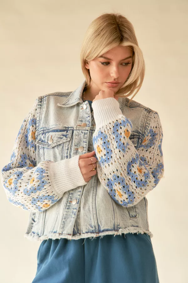 wholesale clothing crochet long-sleeve denim jacket light denim davi & dani