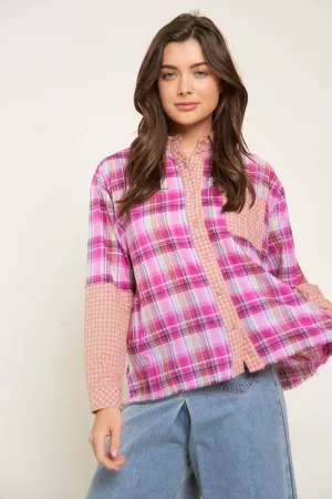 wholesale clothing plaid and checker mixed fringe button front top davi & dani