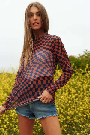 wholesale clothing plus checker board printed mesh long sleeve top davi & dani