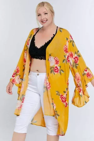 wholesale clothing plus flower print ruffle sleeves high low cardigan davi & dani