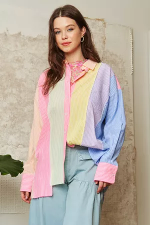 wholesale clothing multi stripe patched hem button front shirt top davi & dani