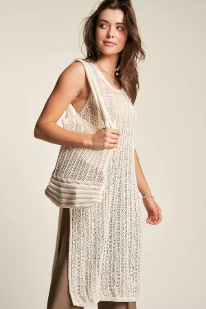 wholesale clothing knit side slit long sleeveless mesh dress with bag davi & dani