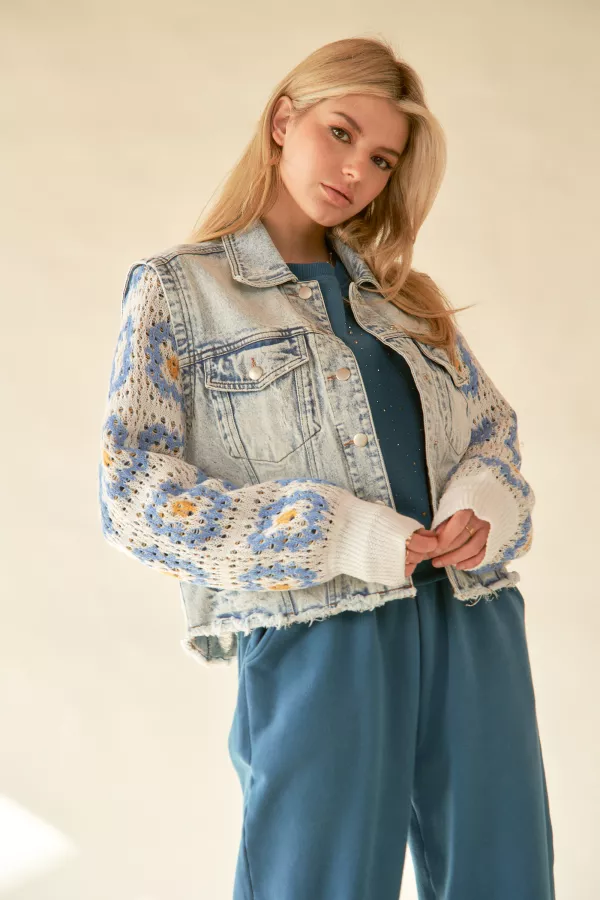 wholesale clothing crochet long-sleeve denim jacket light denim davi & dani