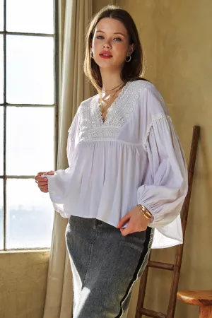 wholesale clothing v-neck lace neck balloon long-sleeve blouse top davi & dani