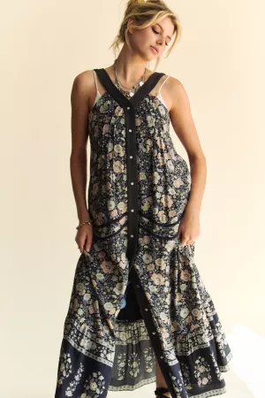 wholesale clothing floral border printed v neck sleeveless maxi dress davi & dani