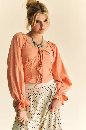 wholesale clothing strap front corset look long puff sleeve blouse davi & dani