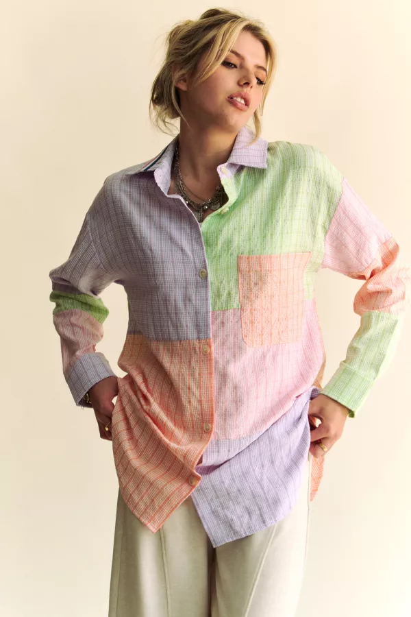 wholesale clothing multi color plaid color block button front shirt davi & dani