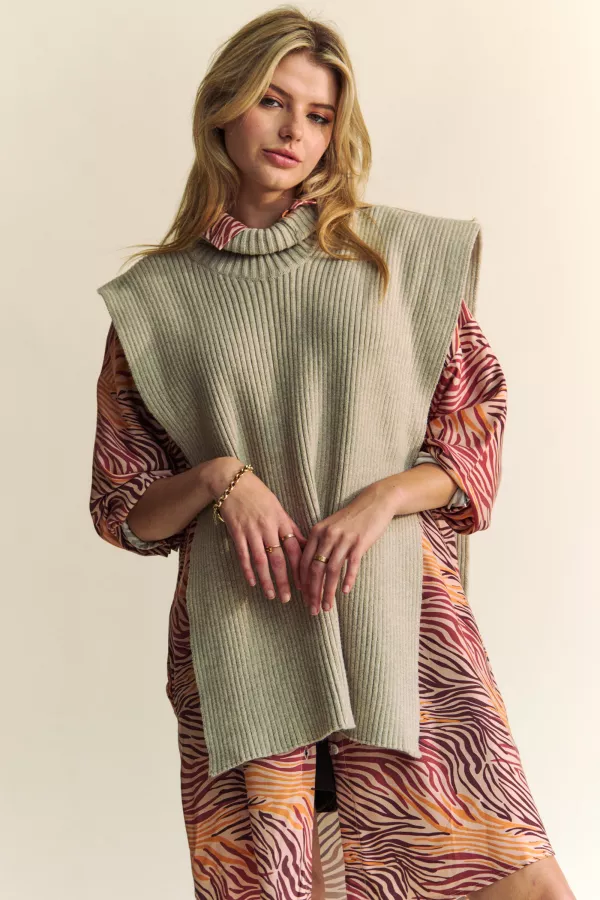 wholesale clothing solid sleeveless turtle neck side split knit top davi & dani