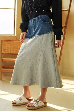 wholesale clothing denim multi fabric side back pocket midi skirt davi & dani