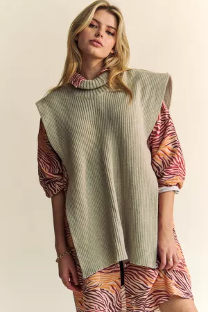 wholesale clothing solid sleeveless turtle neck side split knit top davi & dani