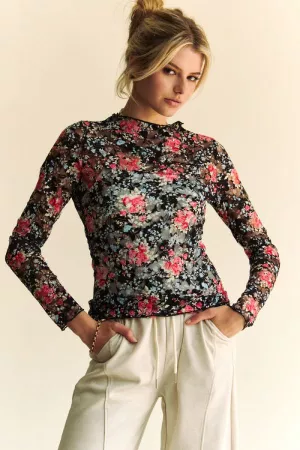 wholesale clothing floral frint mesh long sleeve layering top davi & dani