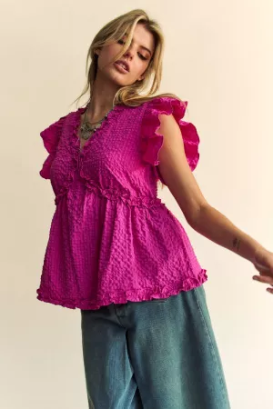 wholesale clothing crinkle textured fabric ruffle detail blouse top davi & dani