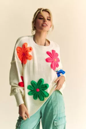 wholesale clothing multi-color knit floral pullover sweater top davi & dani
