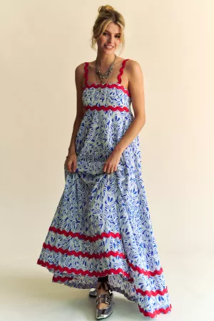 wholesale clothing geo 2 tone printed wavi trim tiered maxi dress davi & dani