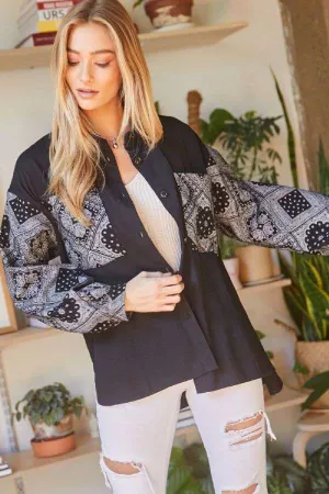wholesale clothing mock neck pattern printed button down top davi & dani