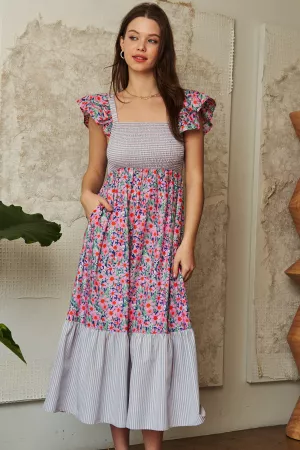 wholesale clothing floral stripe smocked bodice sleeve midi dress davi & dani