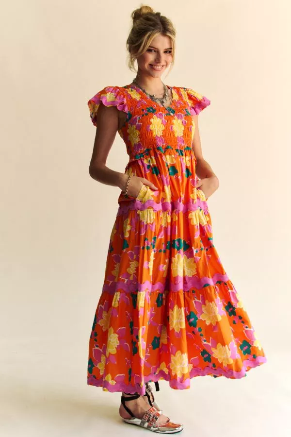 wholesale clothing bold floral flutter sleeve smocking midi dress davi & dani