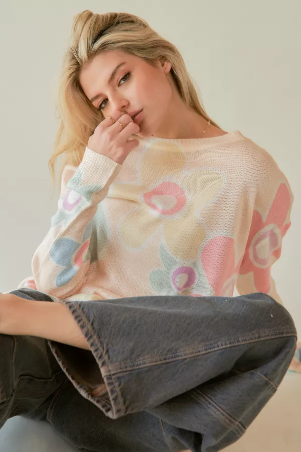 wholesale clothing multi floral printed long sleeve sweater knit top davi & dani