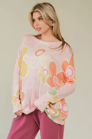 wholesale clothing multi floral printed long sleeve sweater knit top davi & dani