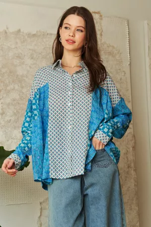 wholesale clothing geo mixed printed button front slouchy relaxed top davi & dani