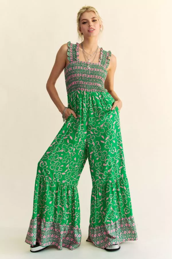 wholesale clothing retro floral straps ruffle pants jumpsuit davi & dani