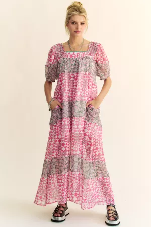 wholesale clothing geo floral puff sleeve tiered maxi dress davi & dani