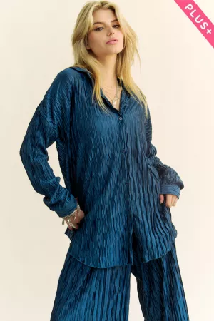 wholesale clothing plus geo-pleated button up long sleeves shirt top davi & dani