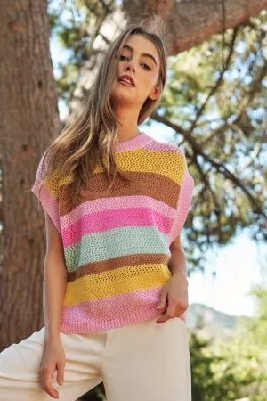 wholesale clothing crochet multi striped pullover knit sweater vest davi & dani