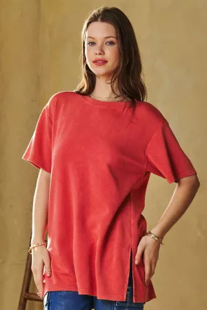 wholesale clothing solid side slit short sleeve loose fit top davi & dani