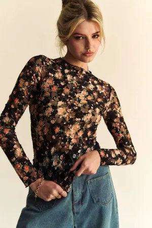 wholesale clothing floral print mesh long sleeve layering top davi & dani