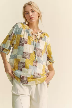 wholesale clothing square modern pattern printed midi ruffle top davi & dani