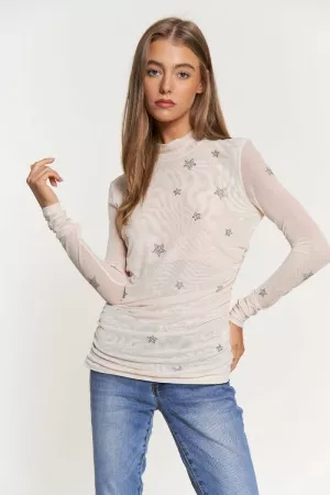 wholesale clothing rhinestone star pattern mockneck soft mesh top davi & dani