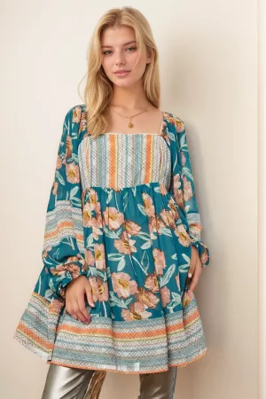 wholesale clothing floral print ruffle detail long sleeve mini dress davi & dani