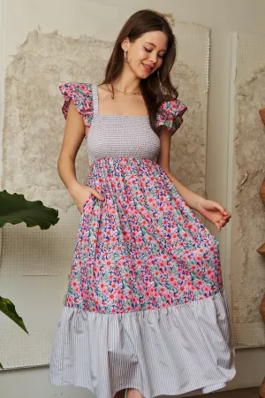 wholesale clothing floral stripe smocked bodice sleeve midi dress davi & dani