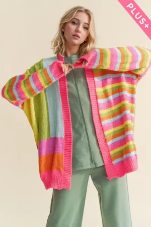wholesale clothing plus multi striped mix matched knit open cardigan davi & dani
